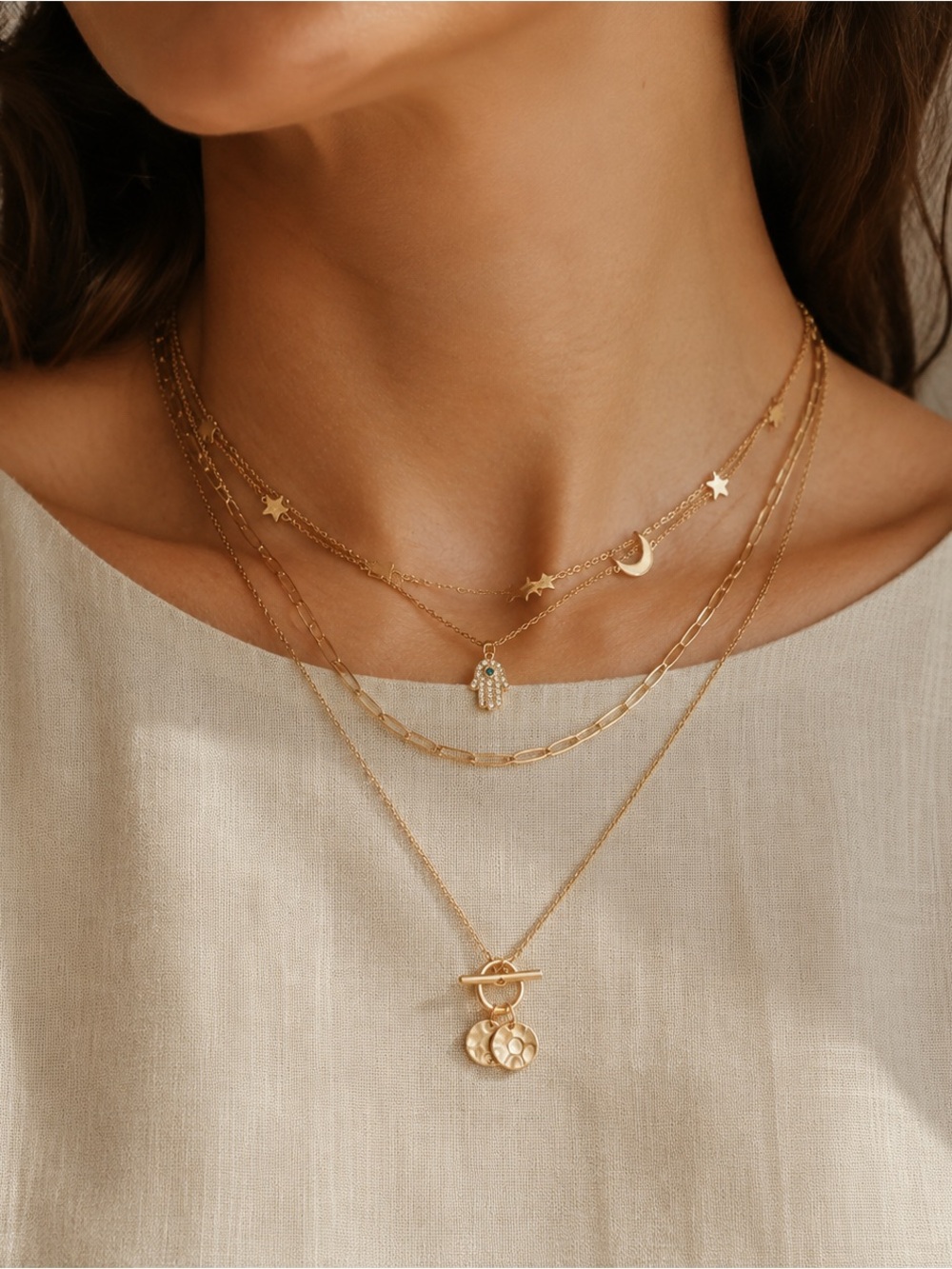 Gold Tone Layered Moon Star Hamsa Hand Pendant Necklace